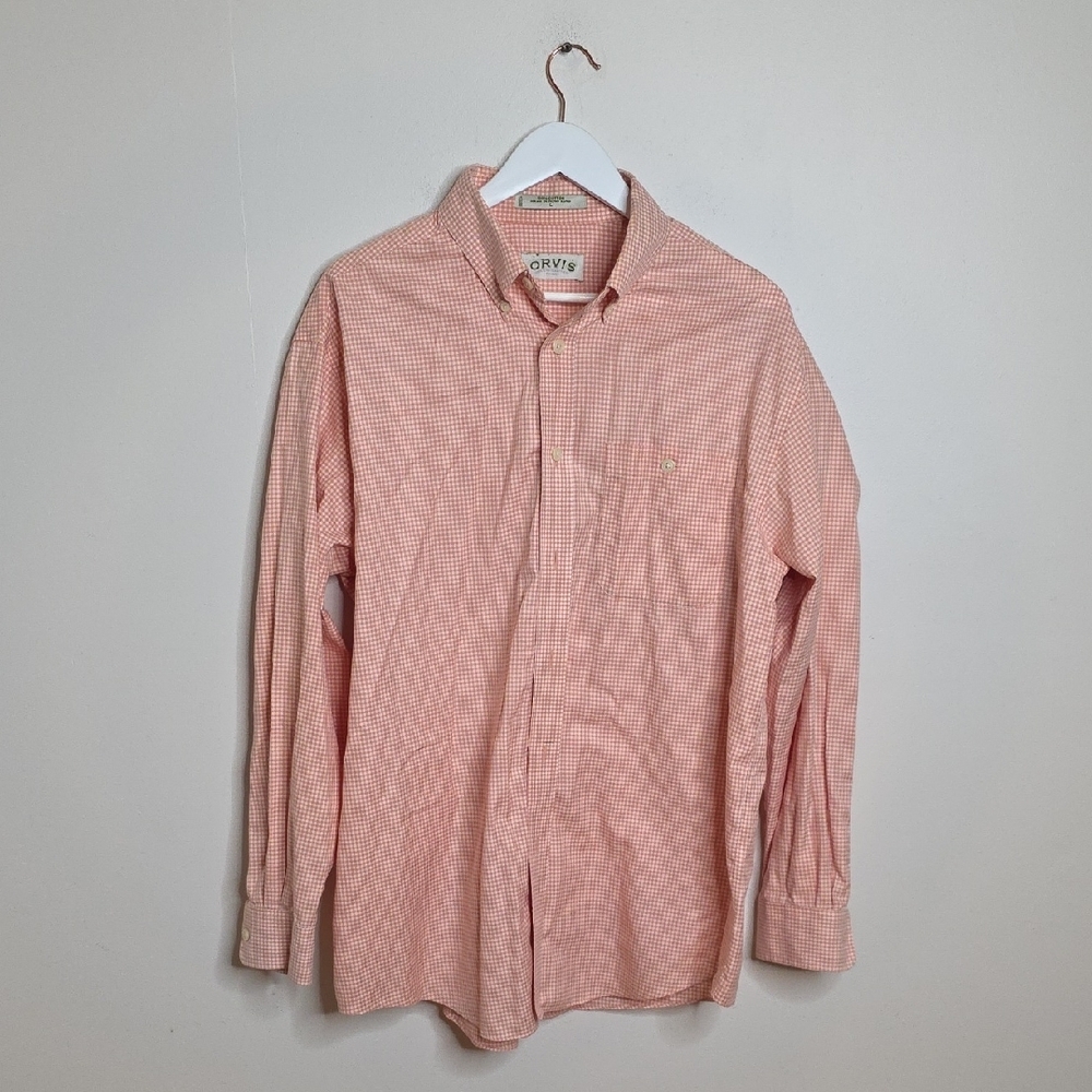 Orvis Men's Light Orange Checkered Button Down Shirt Size LARGE